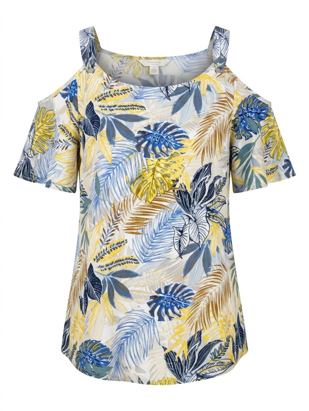 Espresso Cold-Shoulder Tropical Print Top in Blue & Yellow